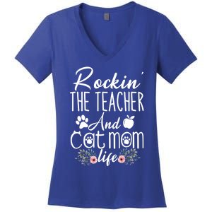 Rockin' The Teacher And Cat Mom Life Funny Teacher Funny Gift Women's V-Neck T-Shirt