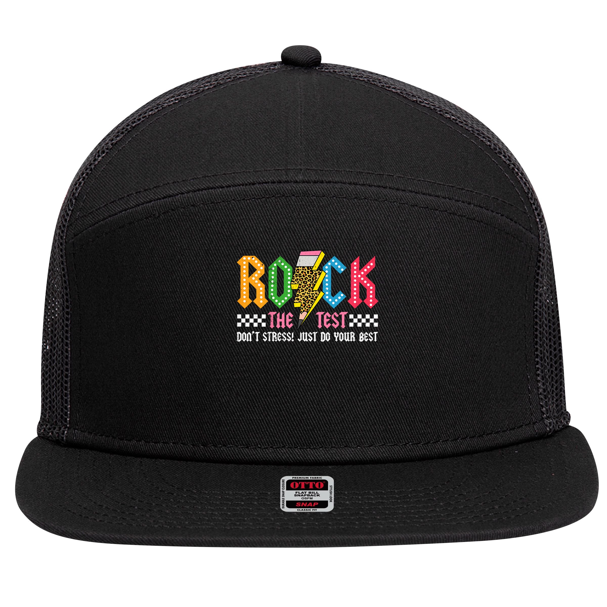 Rock The Test Testing Day Don't Stress ABCD Alphabet 7 Panel Mesh Trucker Snapback Hat