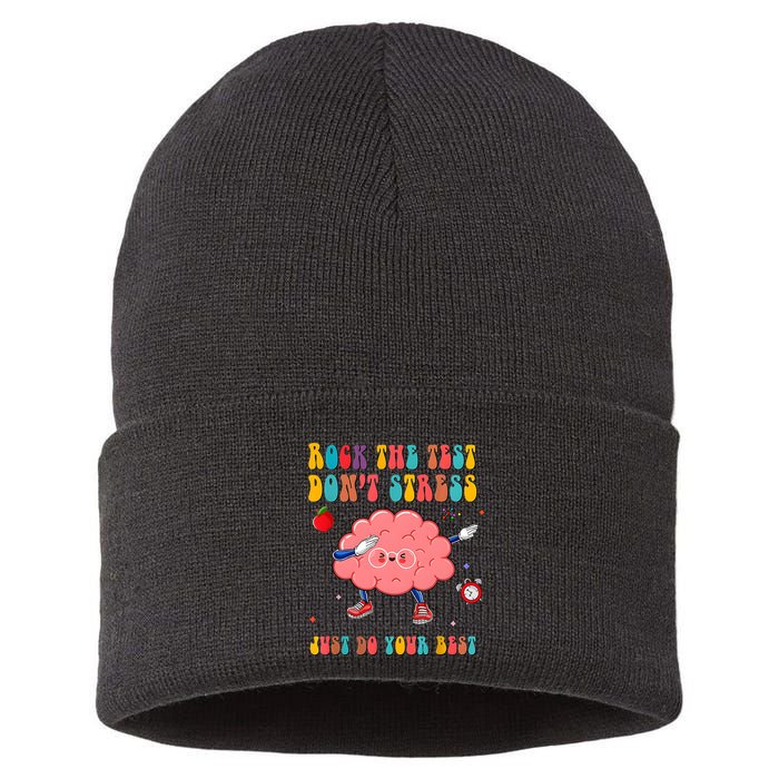 Rock The Test DonT Stress Just Do Your Best Funny Testing Day Sustainable Knit Beanie