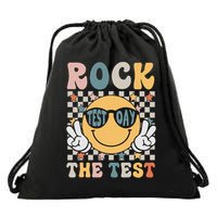 Rock The Test Testing Day Retro Smile Face Teacher Student Drawstring Bag