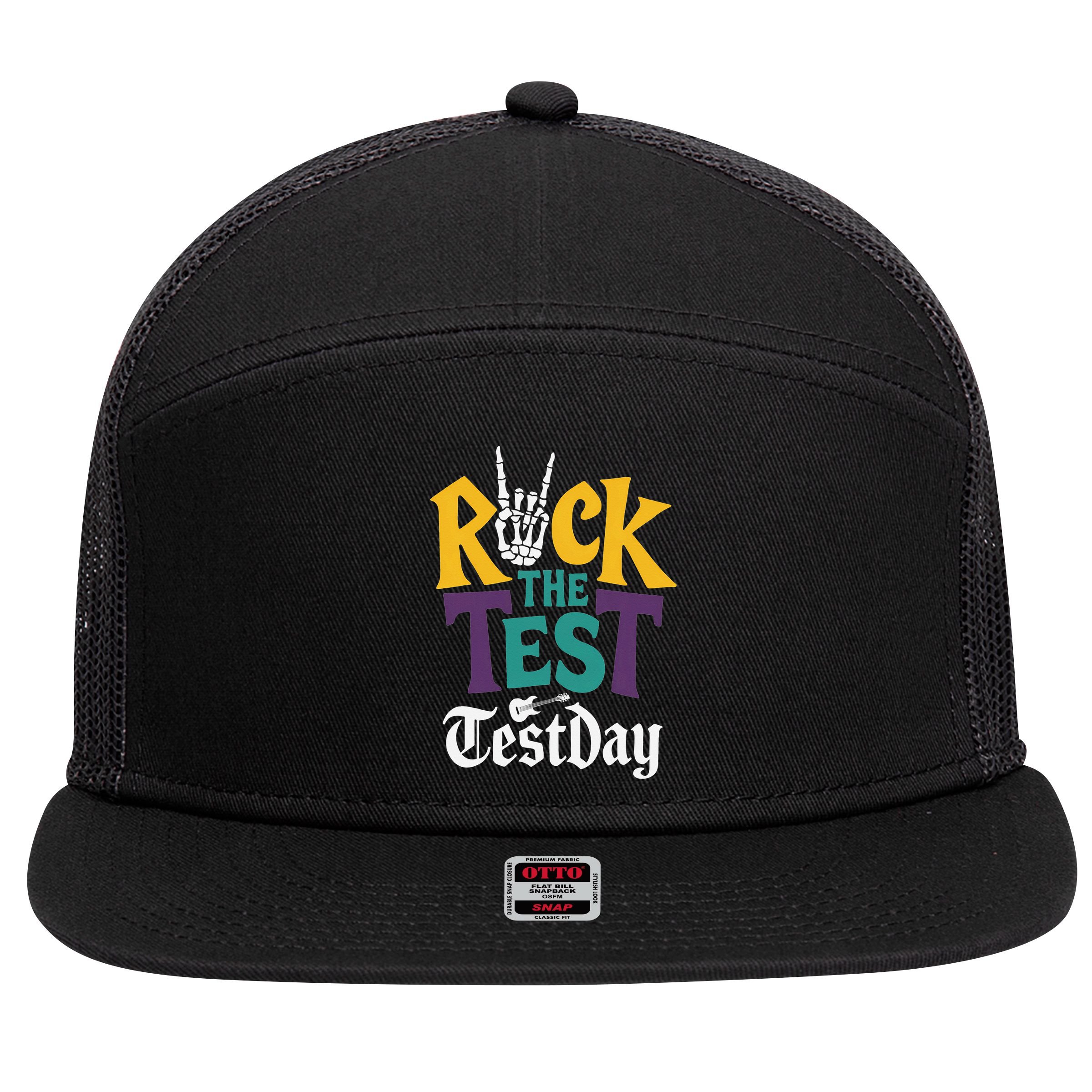 Rock The Test Testing Day Hand Skeleton Teacher Student 7 Panel Mesh Trucker Snapback Hat