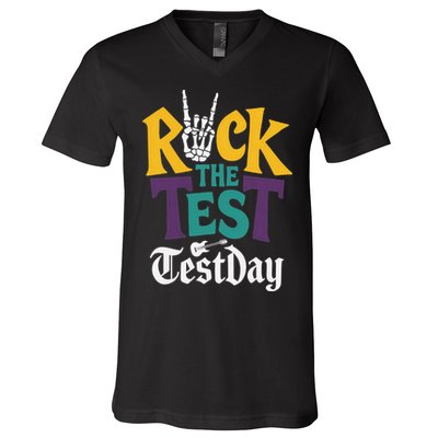 Rock The Test Testing Day Hand Skeleton Teacher Student V-Neck T-Shirt