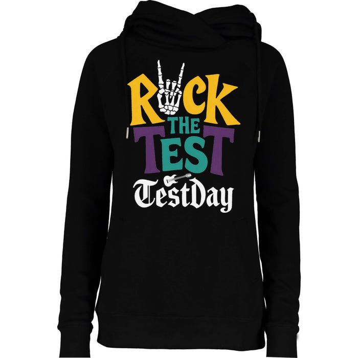 Rock The Test Testing Day Hand Skeleton Teacher Student Womens Funnel Neck Pullover Hood