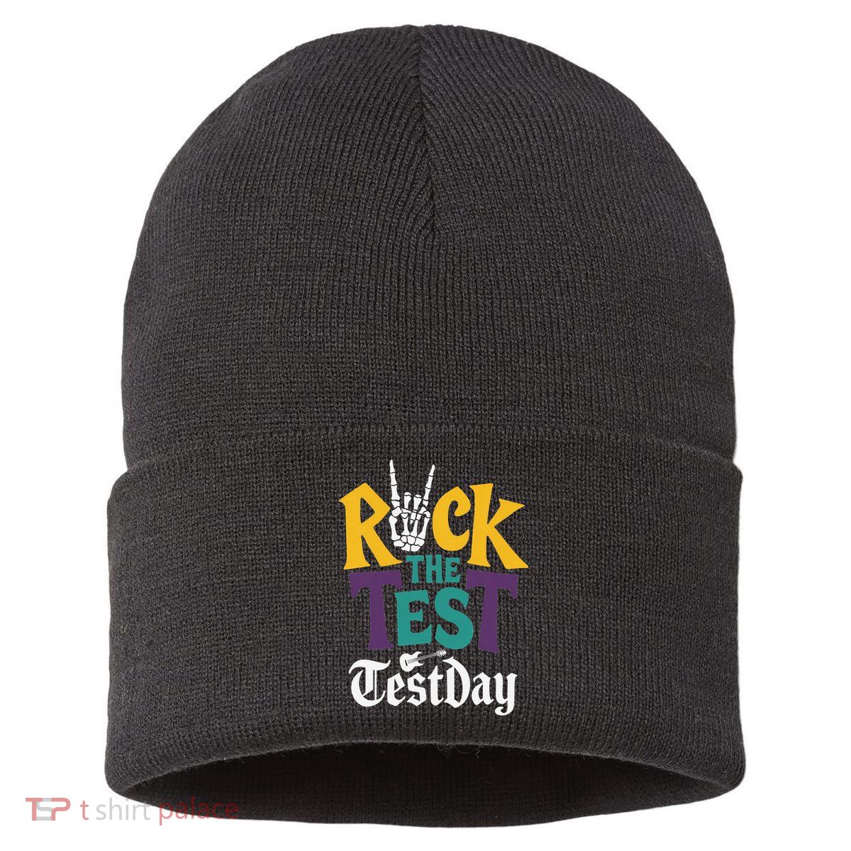 Rock The Test Testing Day Hand Skeleton Teacher Student Sustainable Knit Beanie