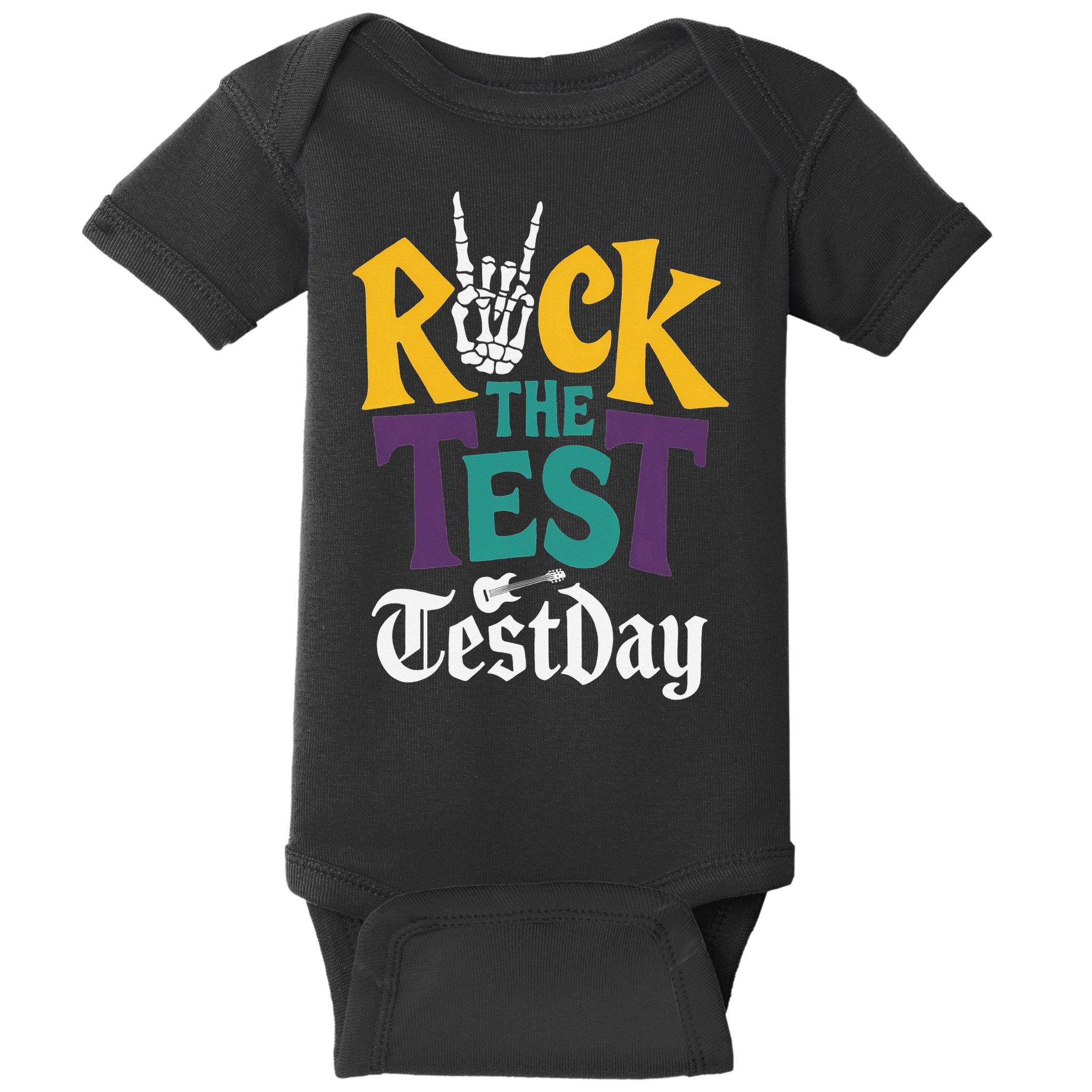 Rock The Test Testing Day Hand Skeleton Teacher Student Baby Bodysuit