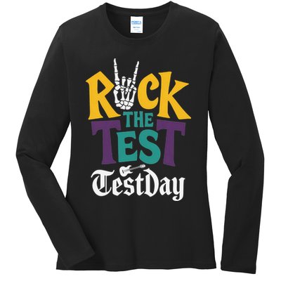 Rock The Test Testing Day Hand Skeleton Teacher Student Ladies Long Sleeve Shirt