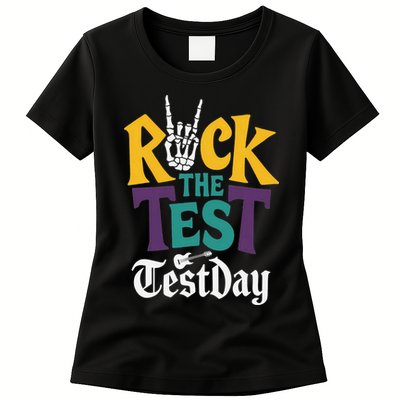 Rock The Test Testing Day Hand Skeleton Teacher Student Womens T-Shirt