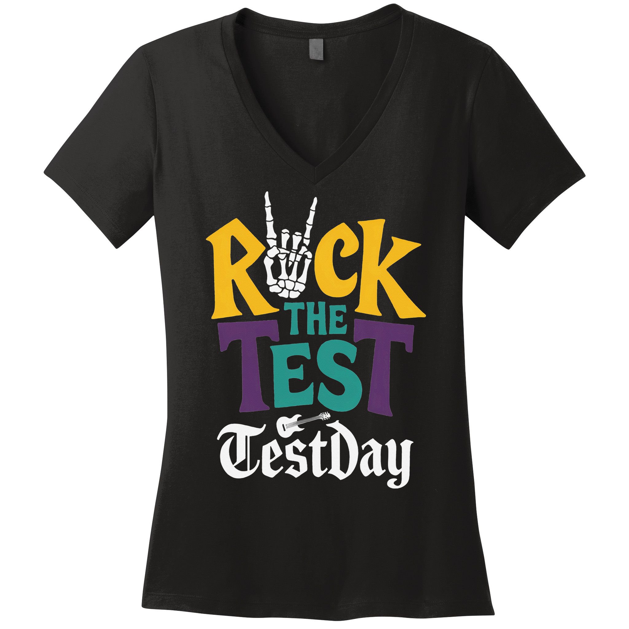 Rock The Test Testing Day Hand Skeleton Teacher Student Women's V-Neck T-Shirt