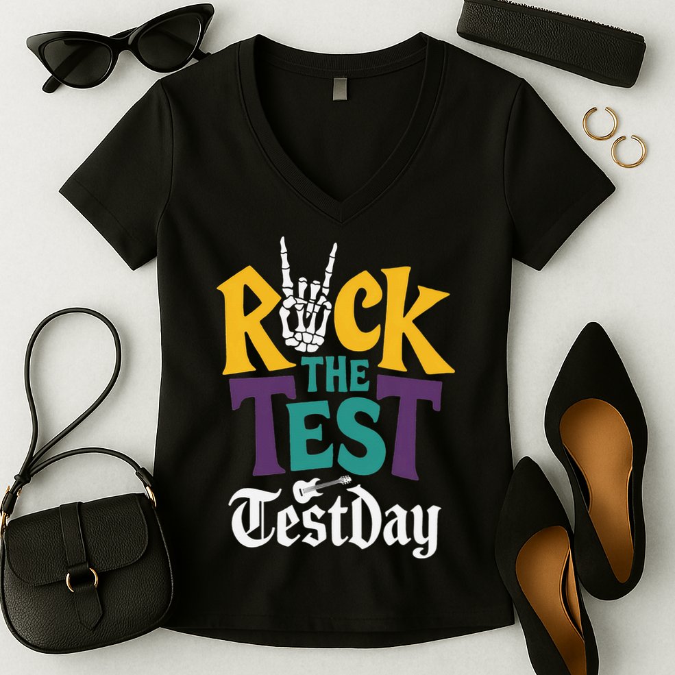 Rock The Test Testing Day Hand Skeleton Teacher Student Women's V-Neck T-Shirt