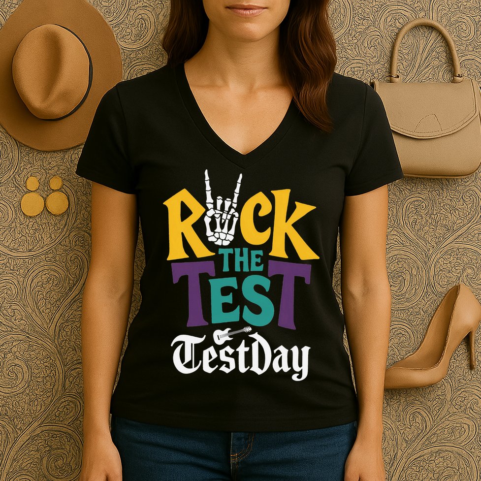 Rock The Test Testing Day Hand Skeleton Teacher Student Women's V-Neck T-Shirt