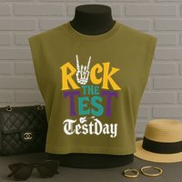 Rock The Test Testing Day Hand Skeleton Teacher Student Garment-Dyed Women's Muscle Tee
