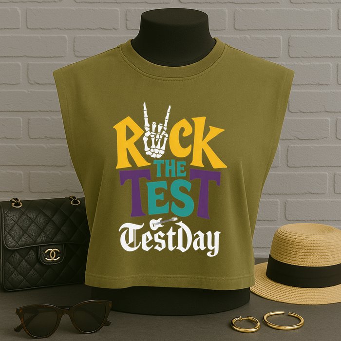 Rock The Test Testing Day Hand Skeleton Teacher Student Garment-Dyed Women's Muscle Tee