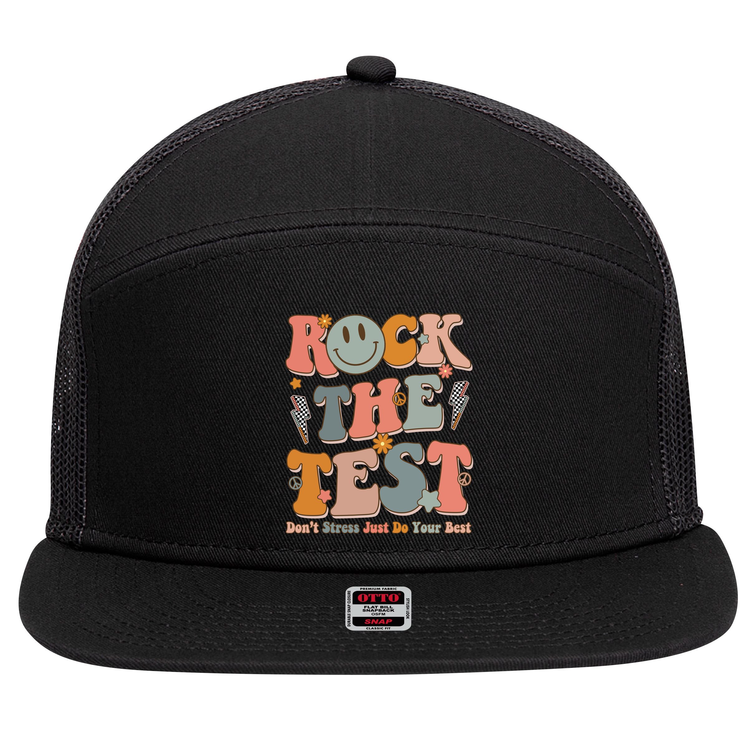 Rock The Test Dont Stress Just Do Your Best Teacher Retro 7 Panel Mesh Trucker Snapback Hat