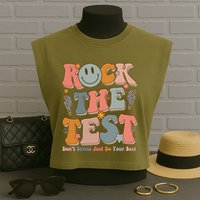 Rock The Test Dont Stress Just Do Your Best Teacher Retro Garment-Dyed Women's Muscle Tee