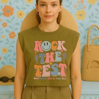 Rock The Test Dont Stress Just Do Your Best Teacher Retro Garment-Dyed Women's Muscle Tee