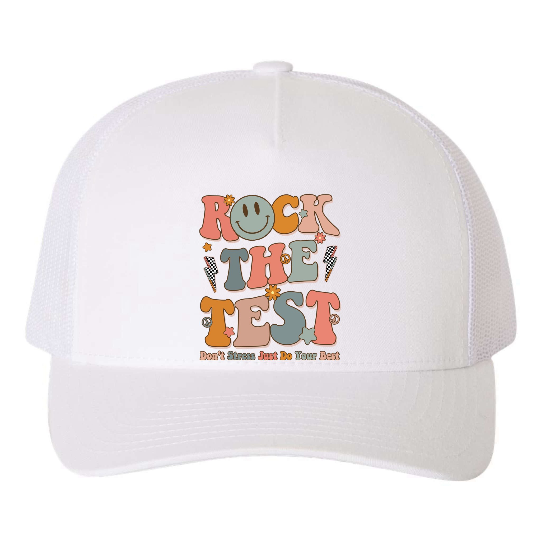 Rock The Test Dont Stress Just Do Your Best Teacher Retro Yupoong Adult 5-Panel Trucker Hat