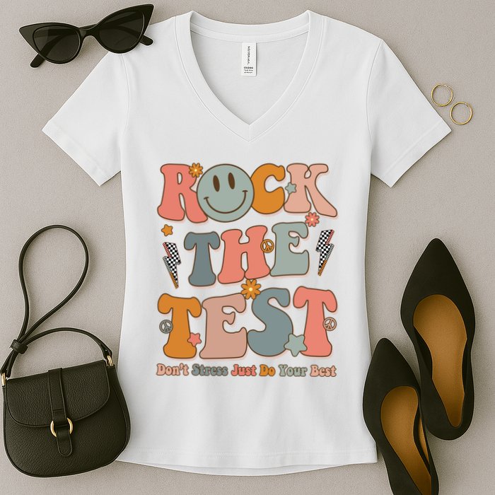 Rock The Test Dont Stress Just Do Your Best Teacher Retro Women's V-Neck T-Shirt