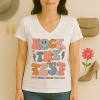 Rock The Test Dont Stress Just Do Your Best Teacher Retro Women's V-Neck T-Shirt