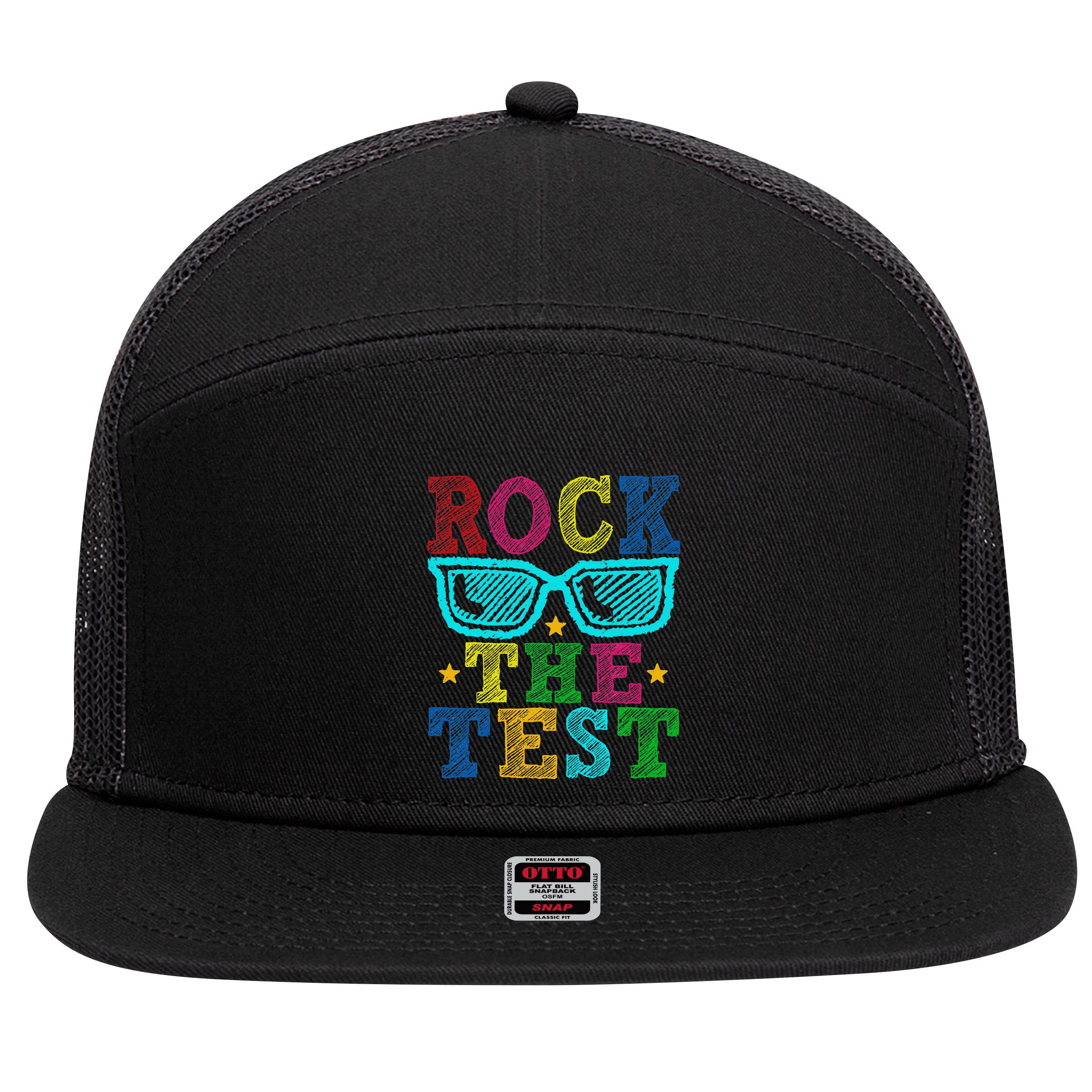 Rock The Test Testing Day Teacher 7 Panel Mesh Trucker Snapback Hat