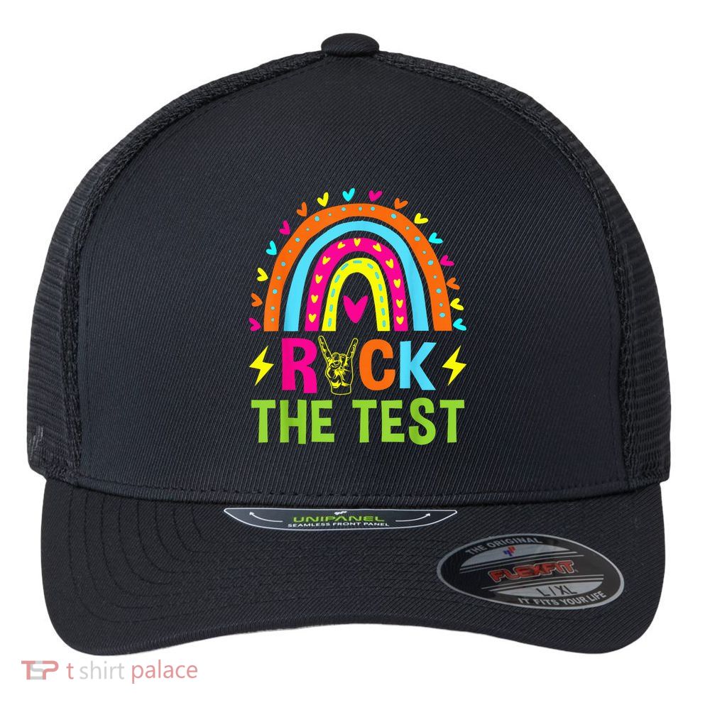 Rock The Test Rainbow Testing Day Motivational Teacher Flexfit Unipanel Trucker Cap