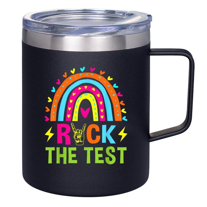 Rock The Test Rainbow Testing Day Motivational Teacher 12oz Stainless Steel Coffee Mug