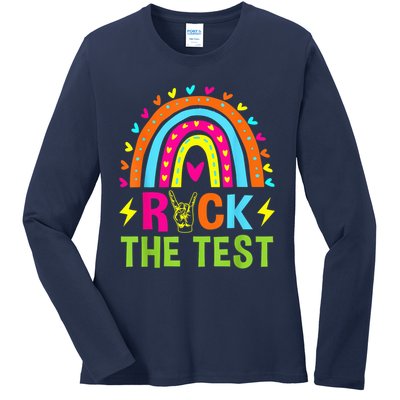 Rock The Test Rainbow Testing Day Motivational Teacher Ladies Long Sleeve Shirt