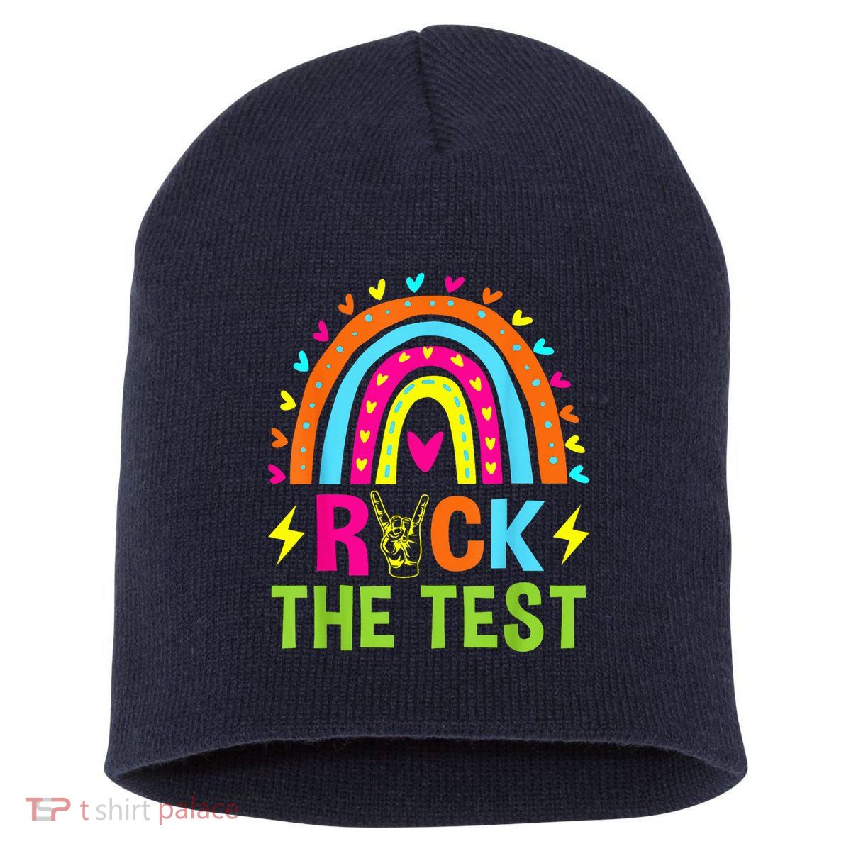 Rock The Test Rainbow Testing Day Motivational Teacher Short Acrylic Beanie