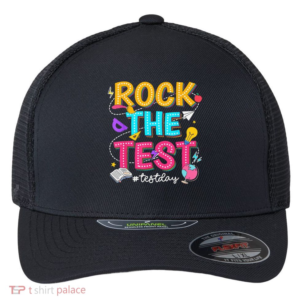 Rock The Test Testing Day Retro Motivational Teacher Student Flexfit Unipanel Trucker Cap
