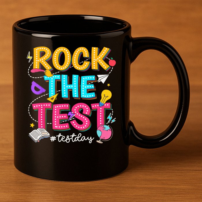 Rock The Test Testing Day Retro Motivational Teacher Student 11oz C Handle Ceramic Mug