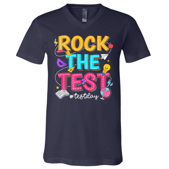 Rock The Test Testing Day Retro Motivational Teacher Student V-Neck T-Shirt