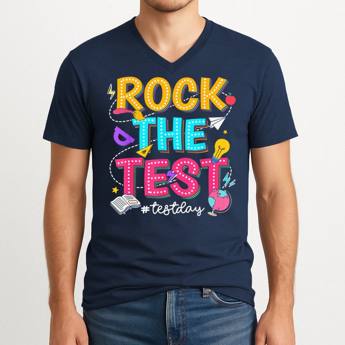 Rock The Test Testing Day Retro Motivational Teacher Student V-Neck T-Shirt