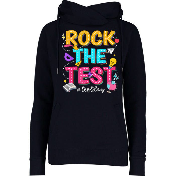 Rock The Test Testing Day Retro Motivational Teacher Student Womens Funnel Neck Pullover Hood