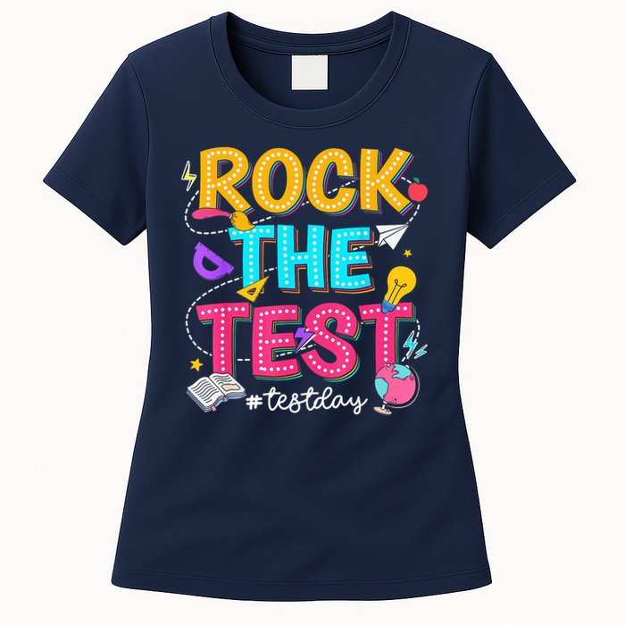 Rock The Test Testing Day Retro Motivational Teacher Student Womens T-Shirt
