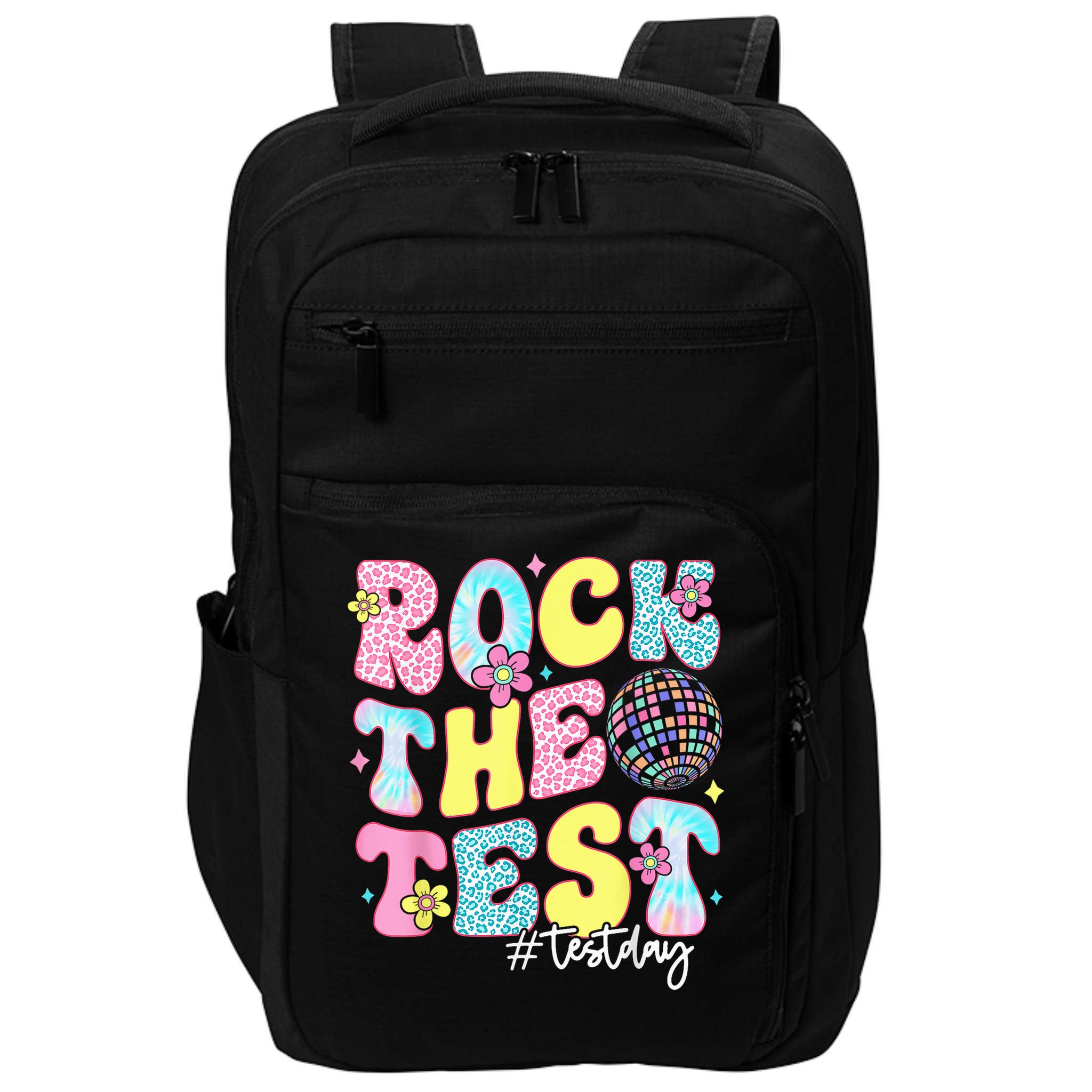 Rock The Test Testing Day Retro Motivational Teacher Student Impact Tech Backpack