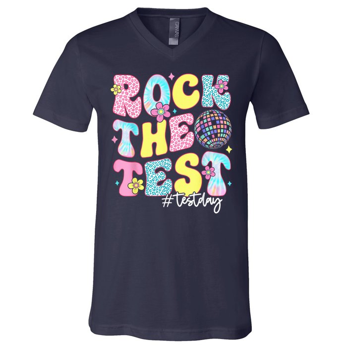 Rock The Test Testing Day Retro Motivational Teacher Student V-Neck T-Shirt