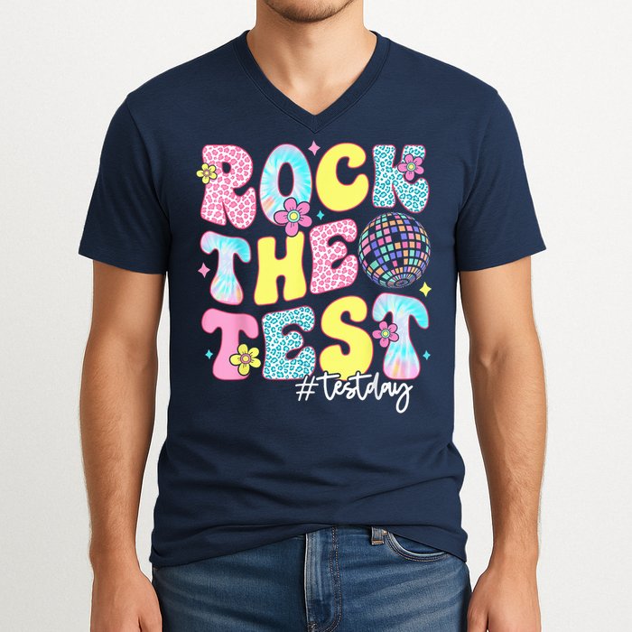 Rock The Test Testing Day Retro Motivational Teacher Student V-Neck T-Shirt
