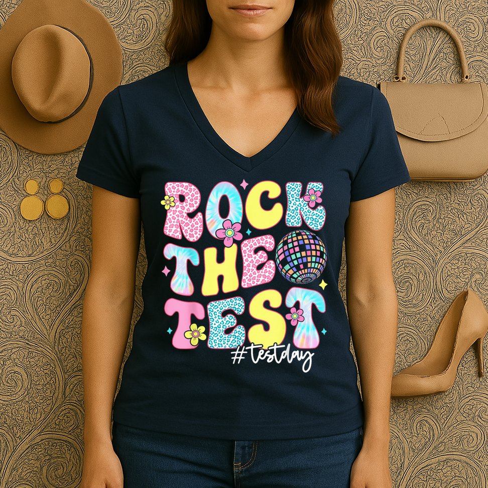 Rock The Test Testing Day Retro Motivational Teacher Student Women's V-Neck T-Shirt