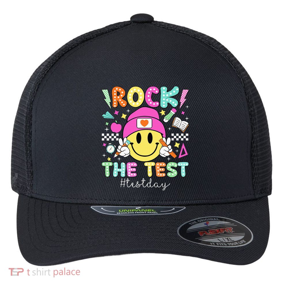 Rock The Test Testing Day Motivational Teachers Students Flexfit Unipanel Trucker Cap