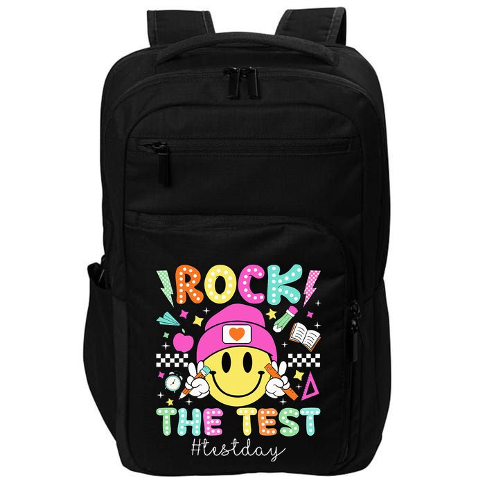 Rock The Test Testing Day Motivational Teachers Students Impact Tech Backpack
