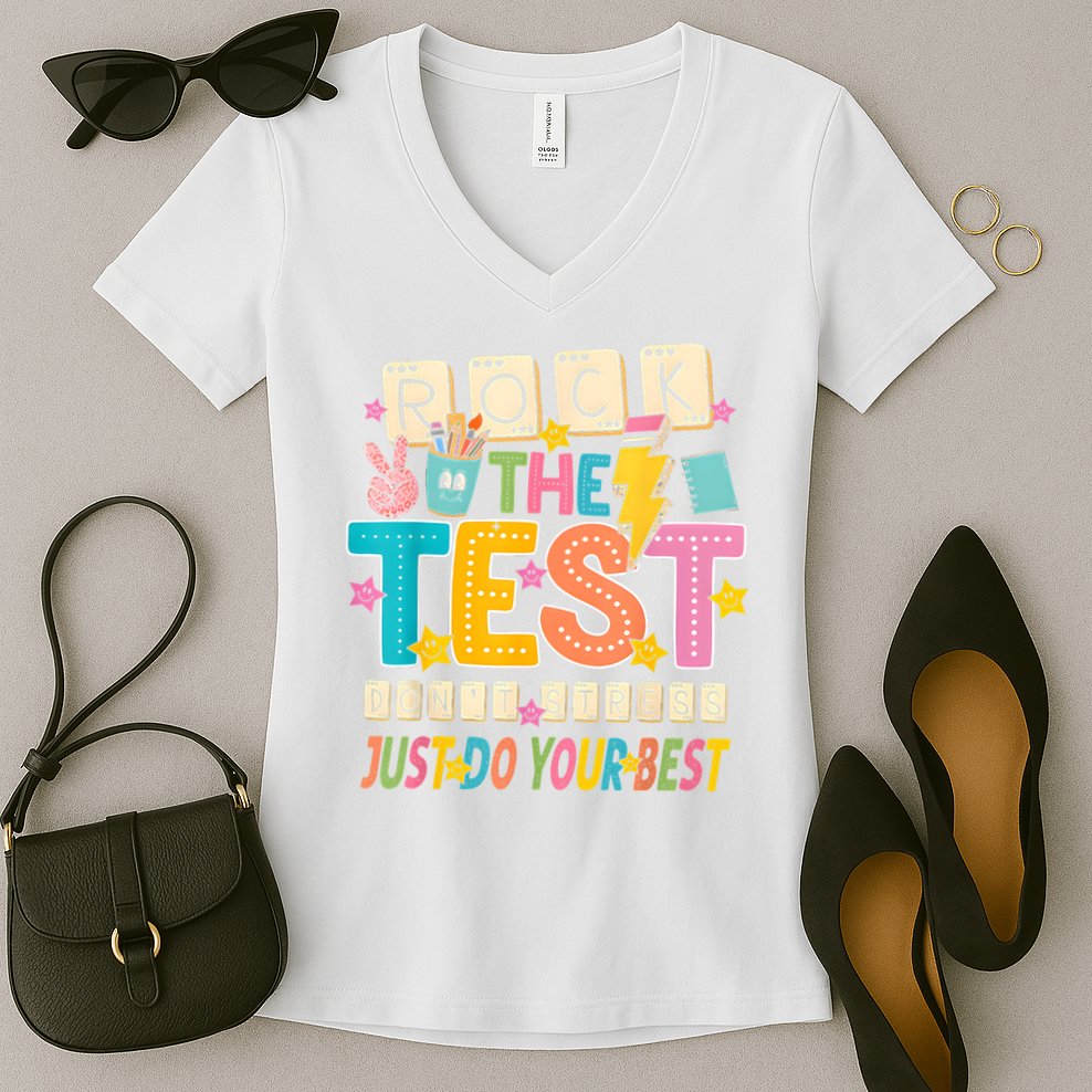 Rock The Test Don't Stress Just Do Your Best Teacher Testing Women's V-Neck T-Shirt