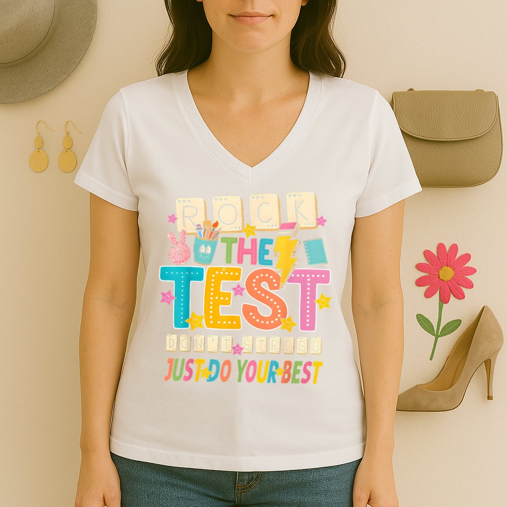 Rock The Test Don't Stress Just Do Your Best Teacher Testing Women's V-Neck T-Shirt