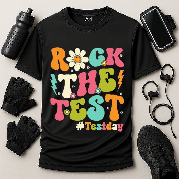 Rock The Test Motivational Retro Teachers Cooling Performance Crew T-Shirt