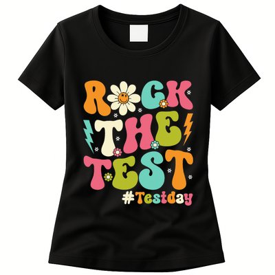 Rock The Test Motivational Retro Teachers Womens T-Shirt