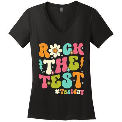 Rock The Test Motivational Retro Teachers Women's V-Neck T-Shirt