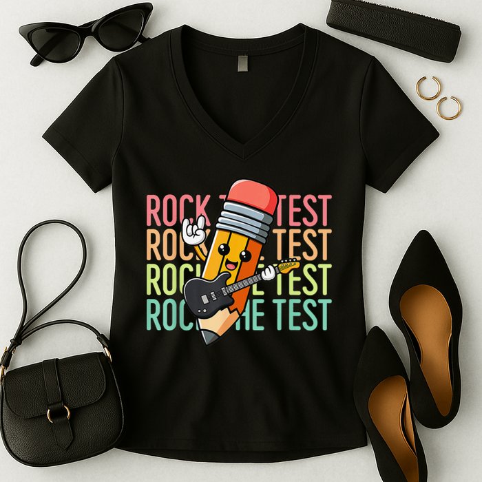Rock The Test Dont Stress Just Do Your Best Teacher Testing Women's V-Neck T-Shirt