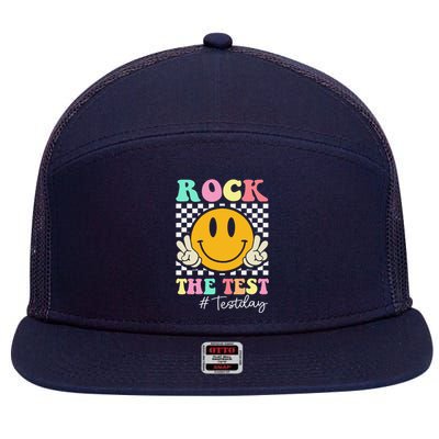 Rock The Test Retro Smile Teacher Testing Test Day 7 Panel Mesh Trucker Snapback Hat