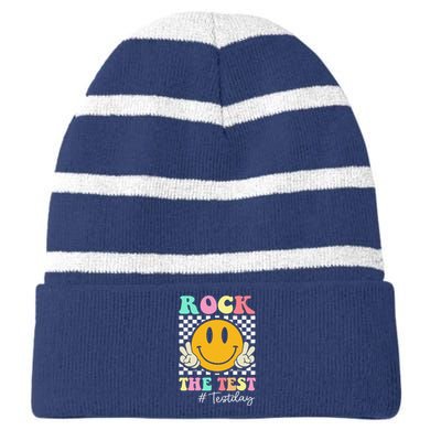 Rock The Test Retro Smile Teacher Testing Test Day Striped Beanie with Solid Band