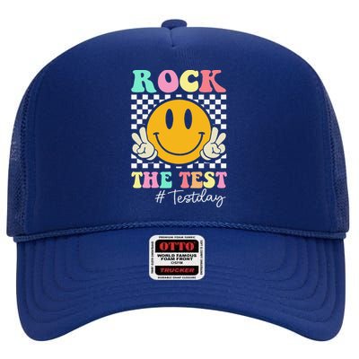 Rock The Test Retro Smile Teacher Testing Test Day High Crown Mesh Back Trucker Hat