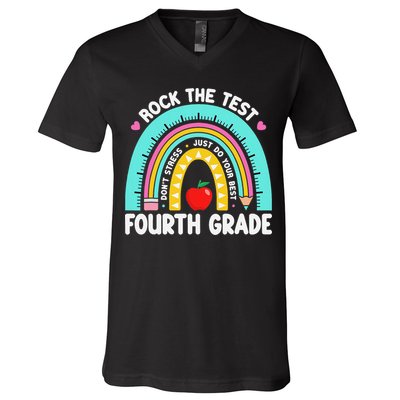 Rock The Test Day 4th Grade Teacher Fourth Grade Testing V-Neck T-Shirt