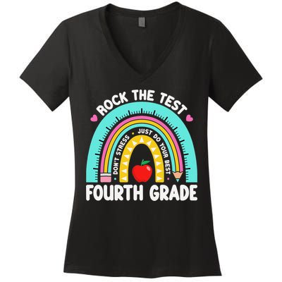 Rock The Test Day 4th Grade Teacher Fourth Grade Testing Women's V-Neck T-Shirt